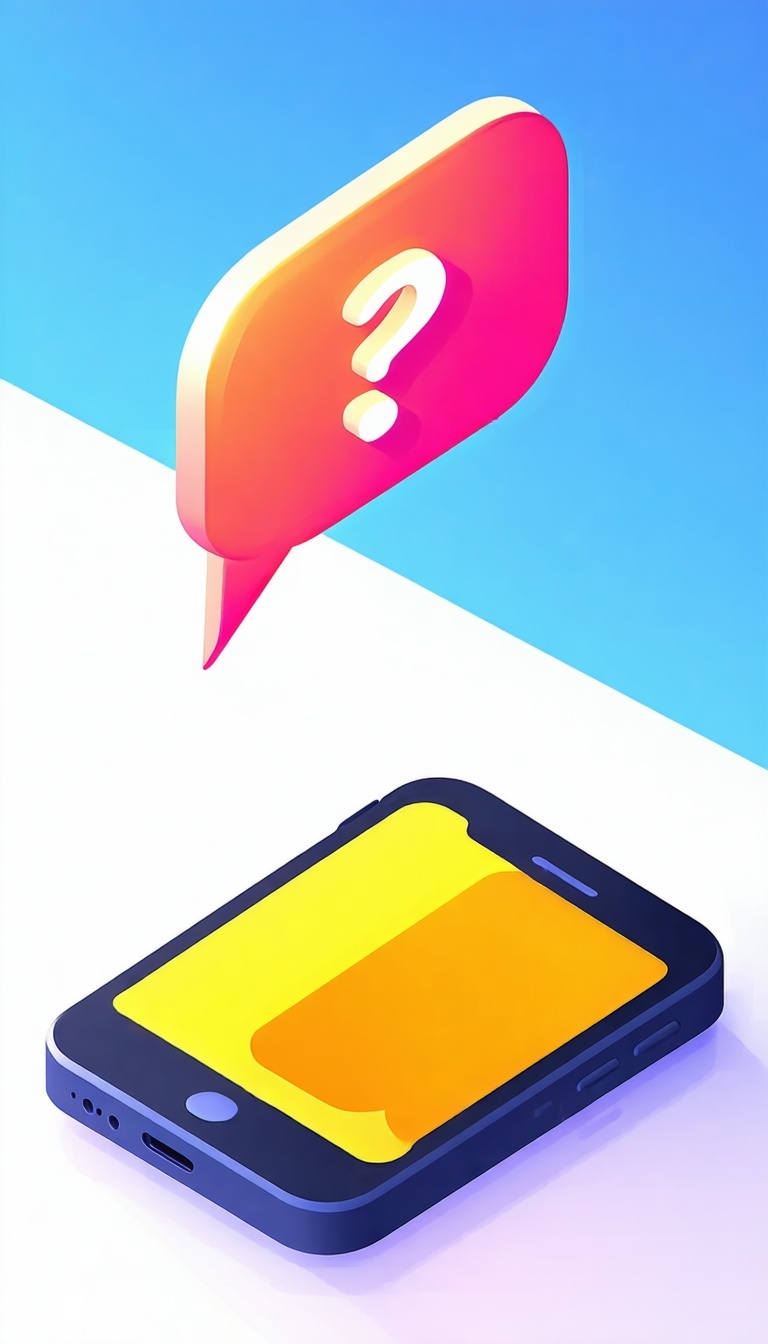 Mobilný telefón s veľkou bublinou nad telefónom, ktorá obsahuje otáznik Použite živé farby - 24. apríl 2025-09-57-53-0038-AM
