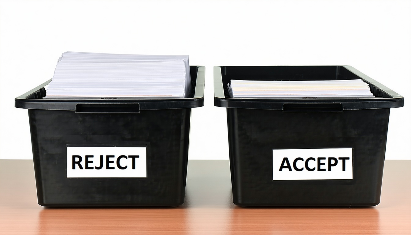 Zásobníky na stole Jeden z nich je označený ako REJECT a druhý ako ACCEPT-1