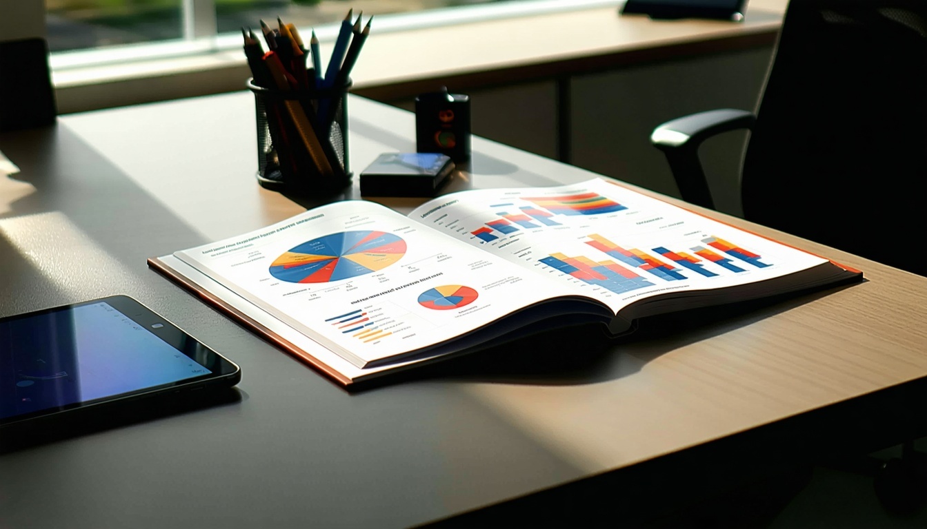 Elegantný moderný kancelársky stôl sa môže pochváliť hladkým lešteným povrchom osvetleným prirodzeným svetlom prúdiacim cez neďaleké okno Na stole sa nachádza zviazaná marketingová správa, ktorej profesionálny obal má živý dizajn a výrazný typog-2