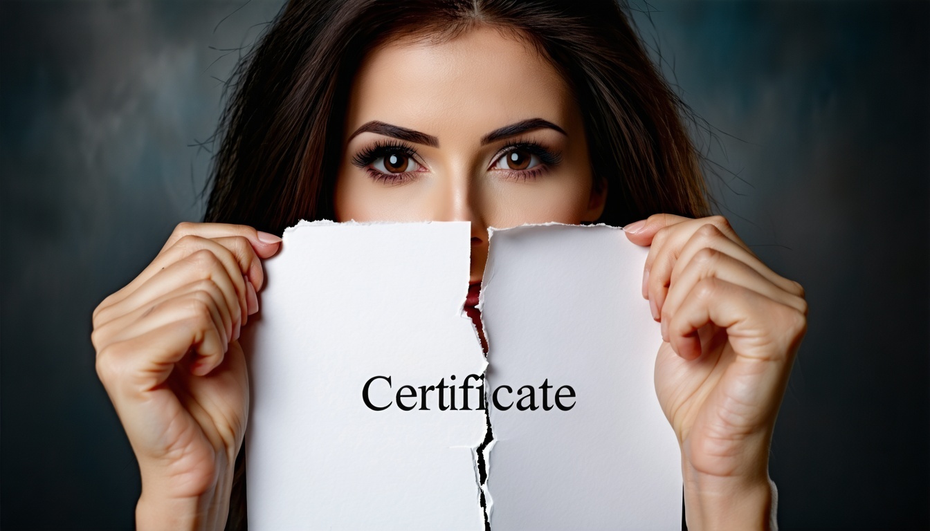 Žena jemnými, ale rozhodnými rukami drží okraje ostrého, úradne vyzerajúceho papiera, na ktorom je tučným, formálnym písmom napísané 